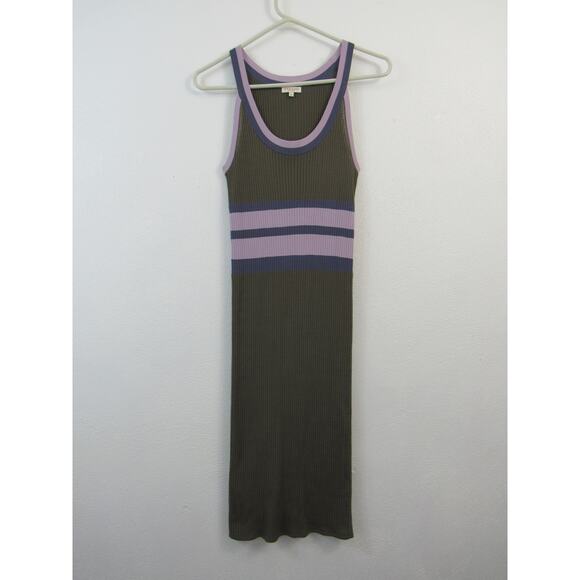 Demylee Small Ribbed Knit Tank Bodycon Dress Olive Green Purple Stripes - Picture 1 of 9